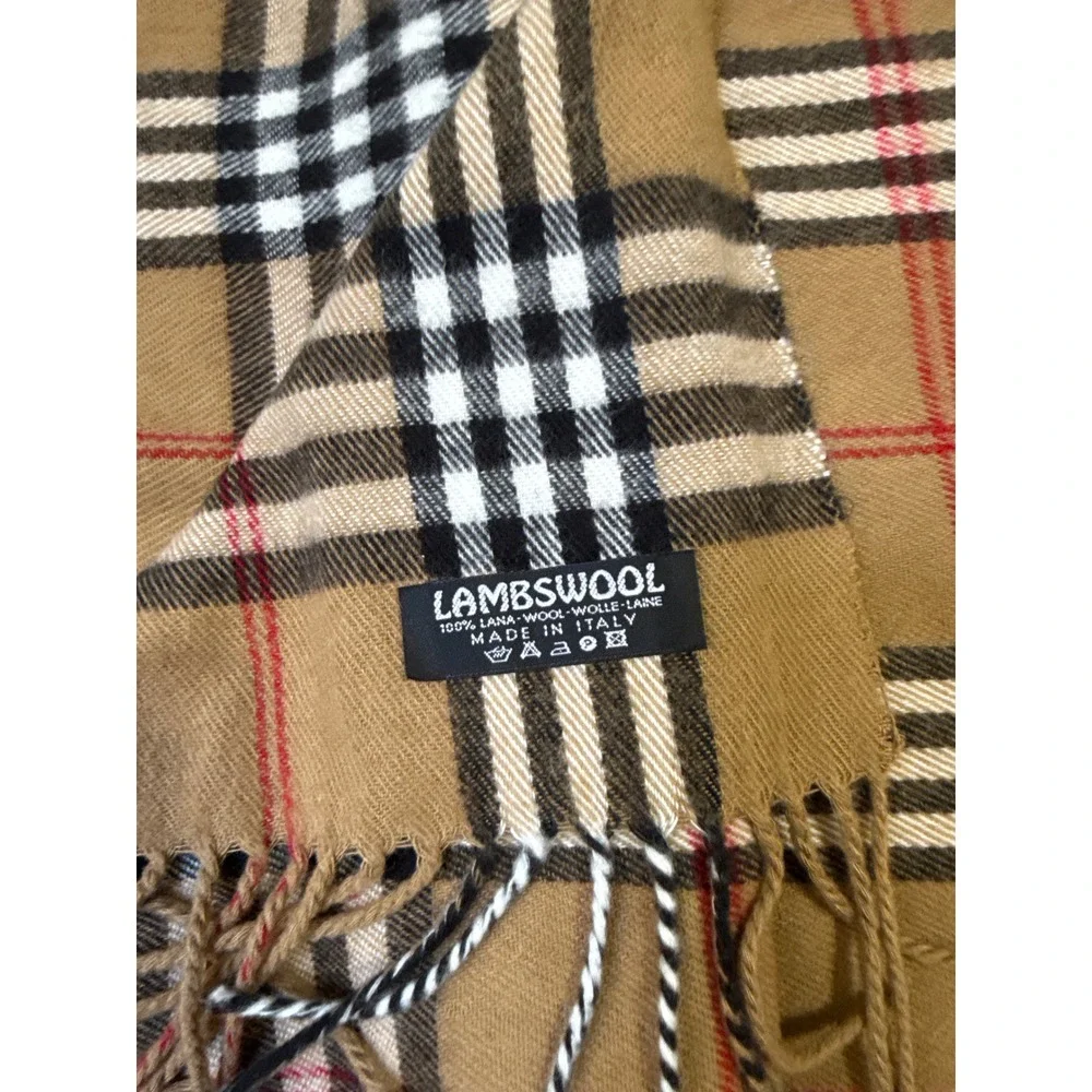 Tan Check Lambswool Plaid Scarf 100% Wool Fringed 66